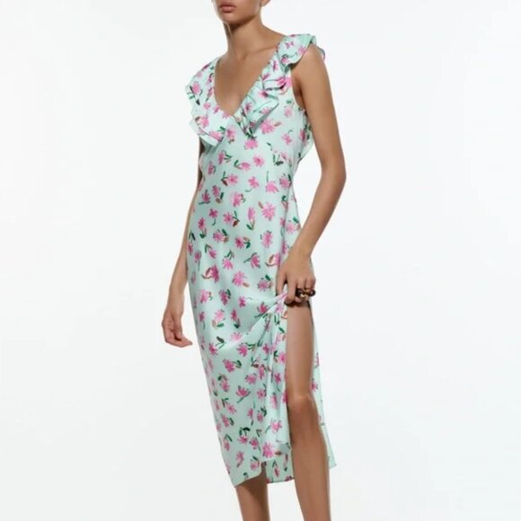 NWT Zara Woman Satin Effect Floral Ruffled Blue Dress Size S Small - Picture 1 of 8